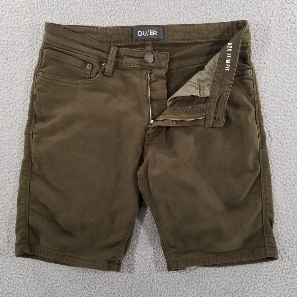 DU/ER Shorts Mens 34 Green Hiking Outdoor N2X Slim Fit Stretch 5 Pocket Zip Fly
